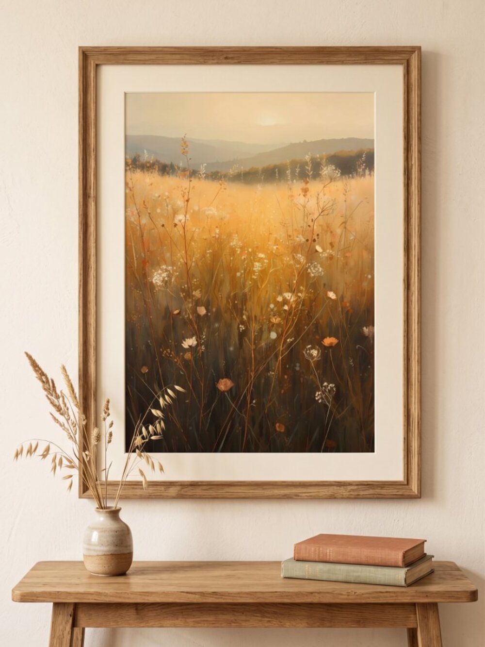Dreamy Golden Hour Wildflower Meadow Art Print | Warm Boho Landscape Wall Art